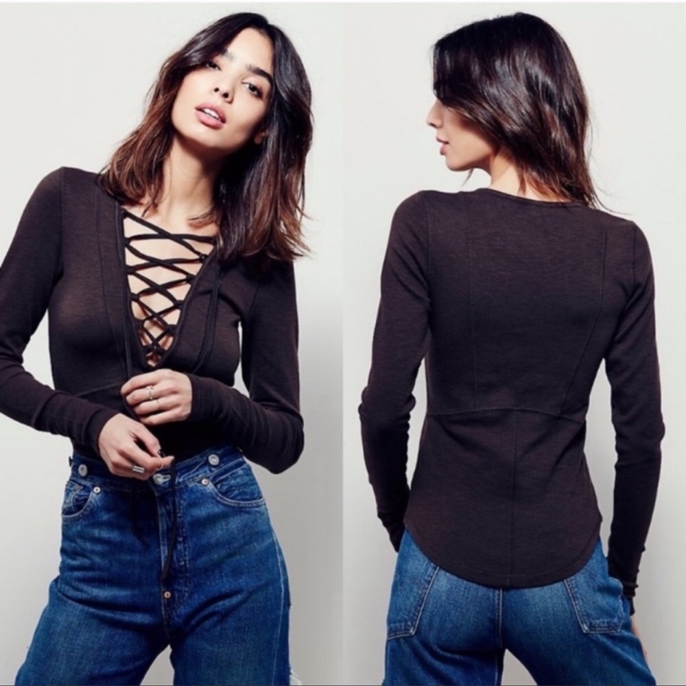 Free People Black Lucky Lace Up Long Sleeve